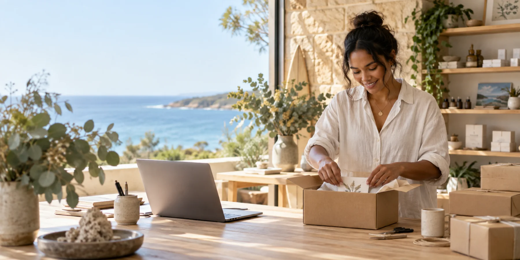 Small business owner packing an online order in a bright coastal studio